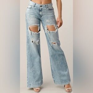 Distressed Wide-Leg Jeans | High Rise, Acid-Wash‎ | Street Style Uniq by Litz